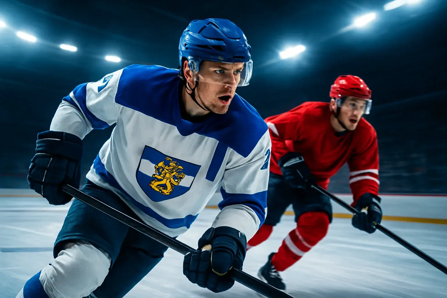 Dynaaminen SM-liiga jääkiekko-ottelukuva Leijonat pelipaidassa, dramaattinen valaistus